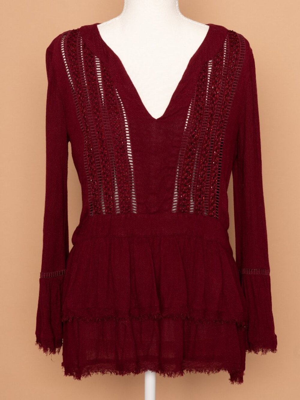 Maroon William Rast Bohemian Flowy Sequin Lace Long Sleeve Peasant Blouse Medium